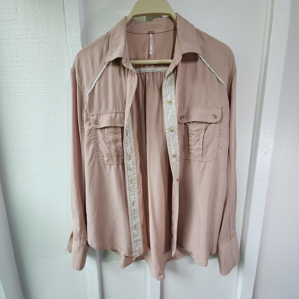 Free People Off Campus Button Down Shirt Blush Silver Metallic Trim XS